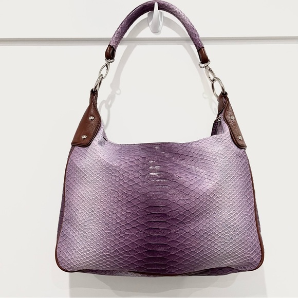 SHARIF 1827 PURPLE & BROWN HANDBAG LEATHER TRIM WITH LAMINATE AND POUCH NWOT - Picture 6 of 8